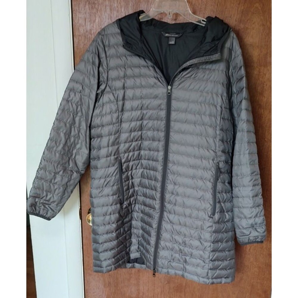 Eddie Bauer EB700 Womans XL gray hooded down coat jacket packable puffer lightwt
